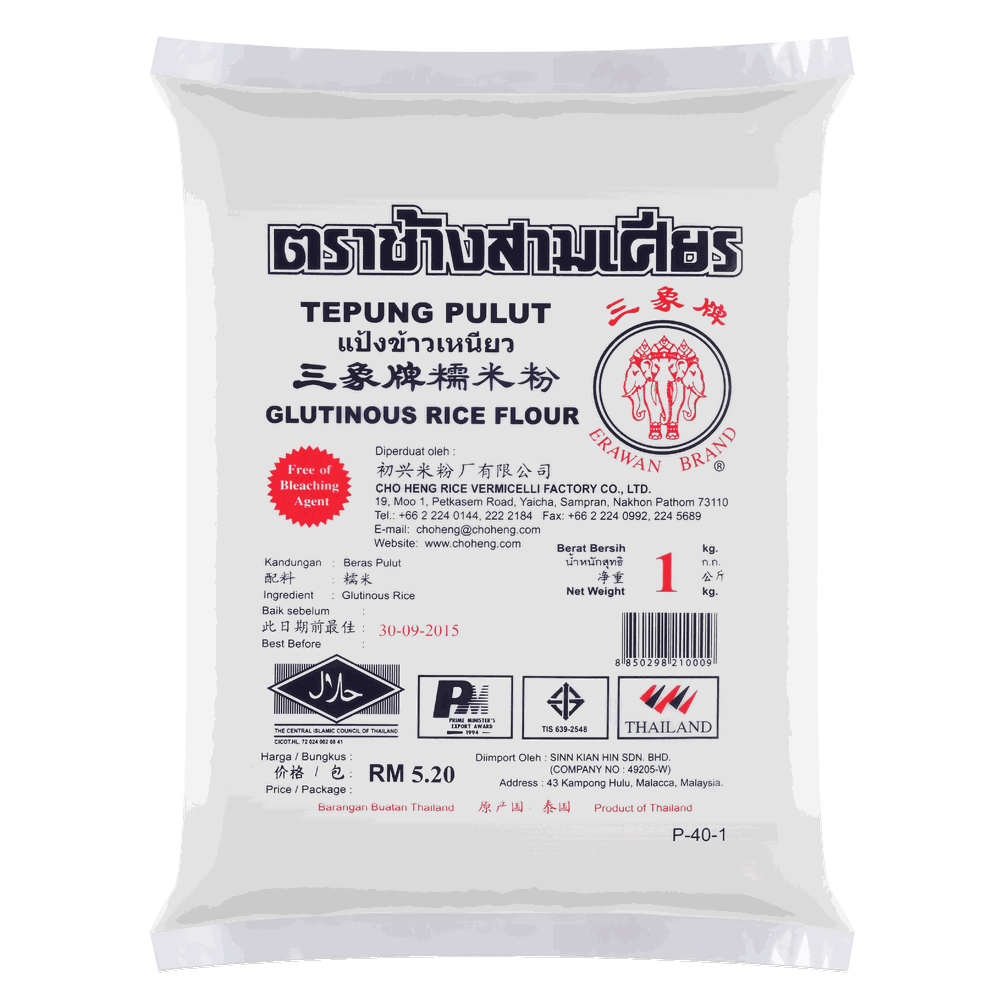 แป้งข้าวเหนียว (ส่งออก) — 1 kg · Tepung Pulut (ตราช้างสามเศียร)